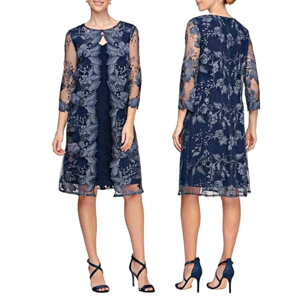 Alex Evenings Embroidered Lace Jacket Jersey Shift Dress Metallic Floral 18 $219